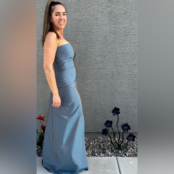 Laundry by Shelli Segal Strapless Shimmery Blue Gown Drawstring Ruching B1 - Picture 10 of 10